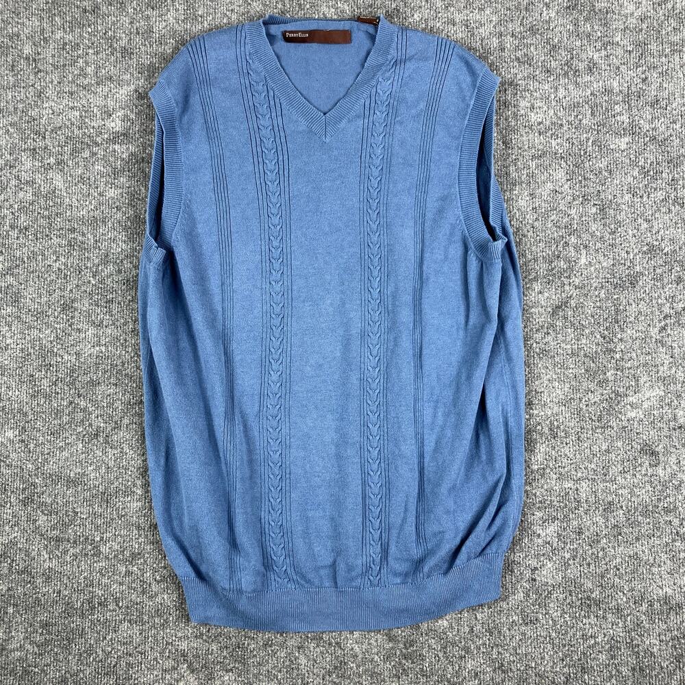 Perry Ellis Mens Sweater Vest Size L Blue Cable Knit Sleeveless Casual Gilet